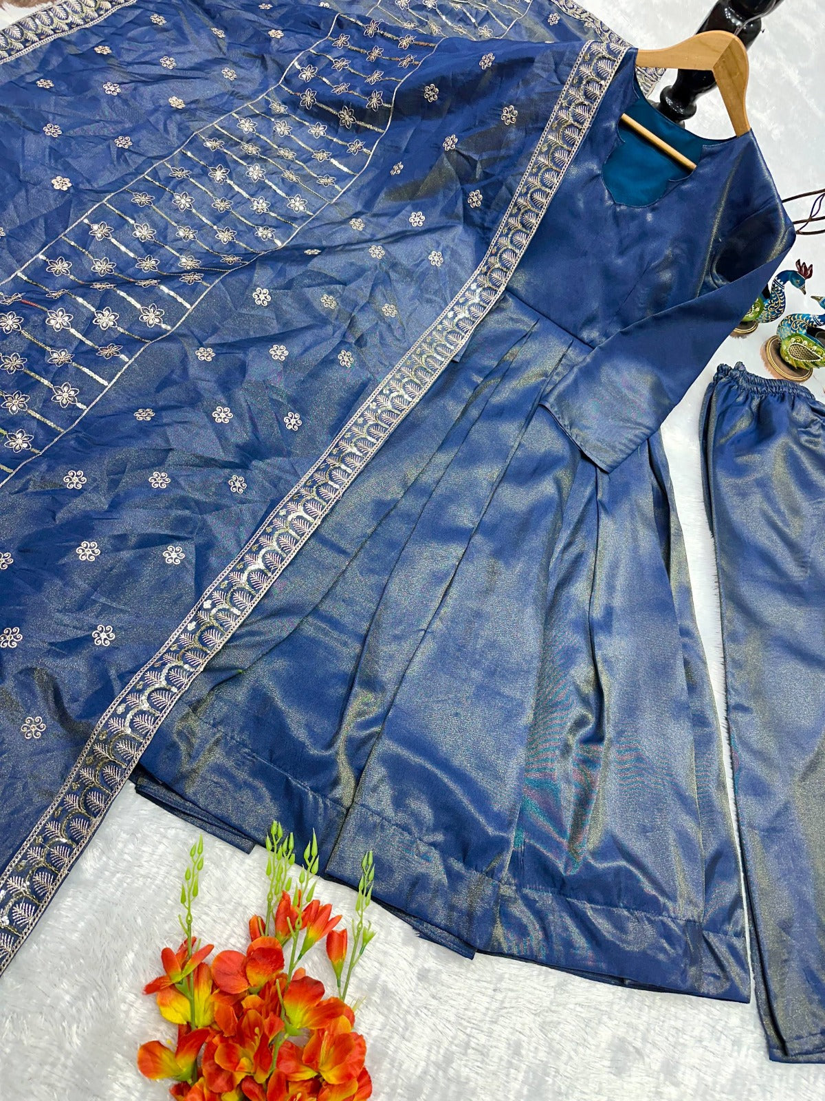 New Designer Party Wear Anarkali With Palazzo & Embroidered Dupatta