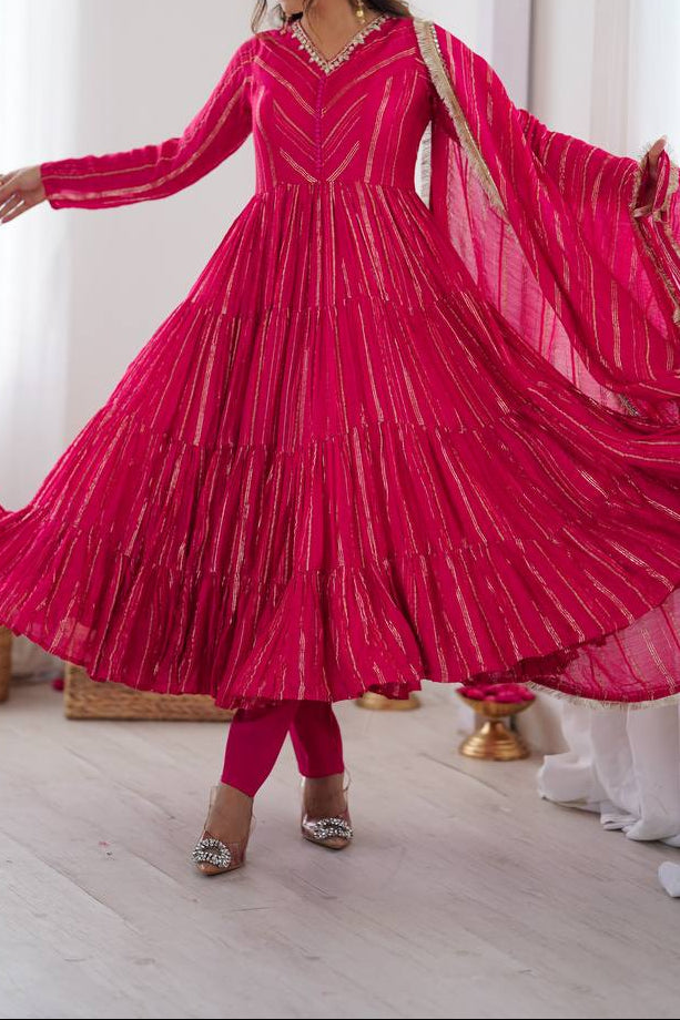 Real Mirror With Handwork Mal Chanderi Anarkali Set