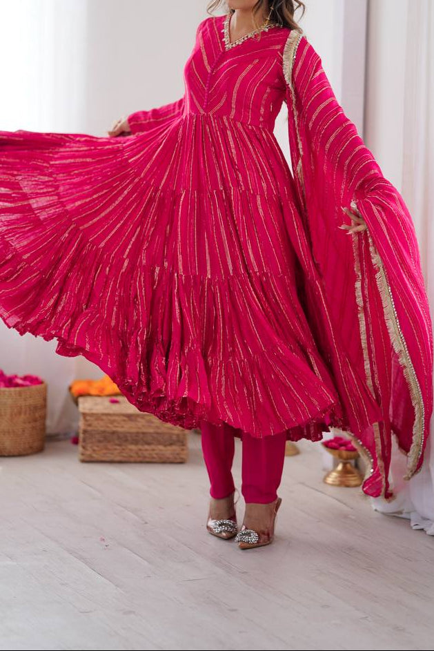 Real Mirror With Handwork Mal Chanderi Anarkali Set