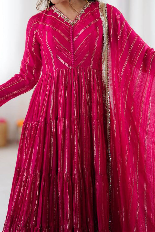 Real Mirror With Handwork Mal Chanderi Anarkali Set