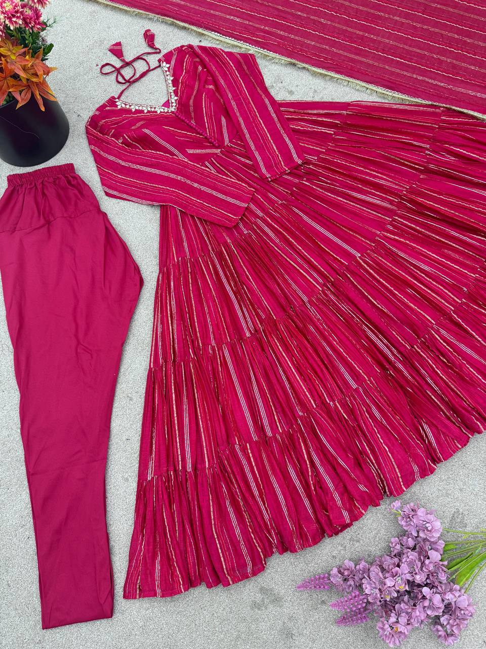 Real Mirror With Handwork Mal Chanderi Anarkali Set