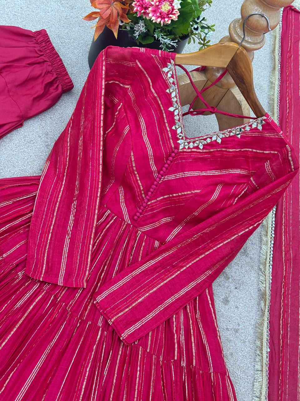 Real Mirror With Handwork Mal Chanderi Anarkali Set