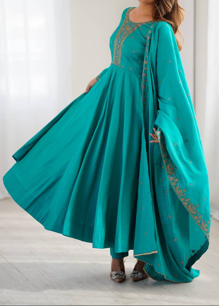 Designer Pure Roman Shimmer Chanderi Silk Anarkali Suit