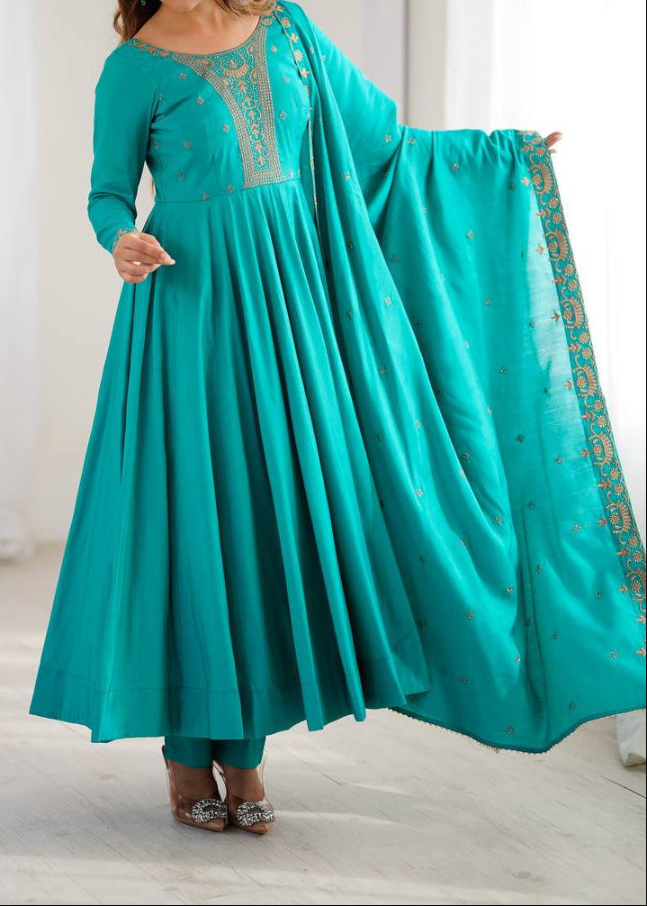 Designer Pure Roman Shimmer Chanderi Silk Anarkali Suit