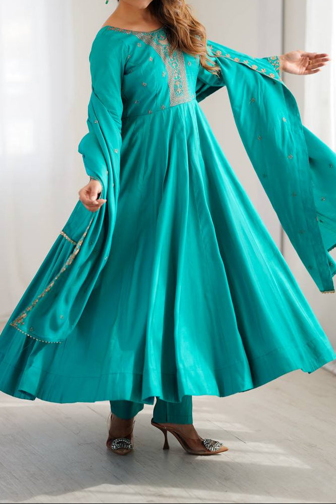 Designer Pure Roman Shimmer Chanderi Silk Anarkali Suit