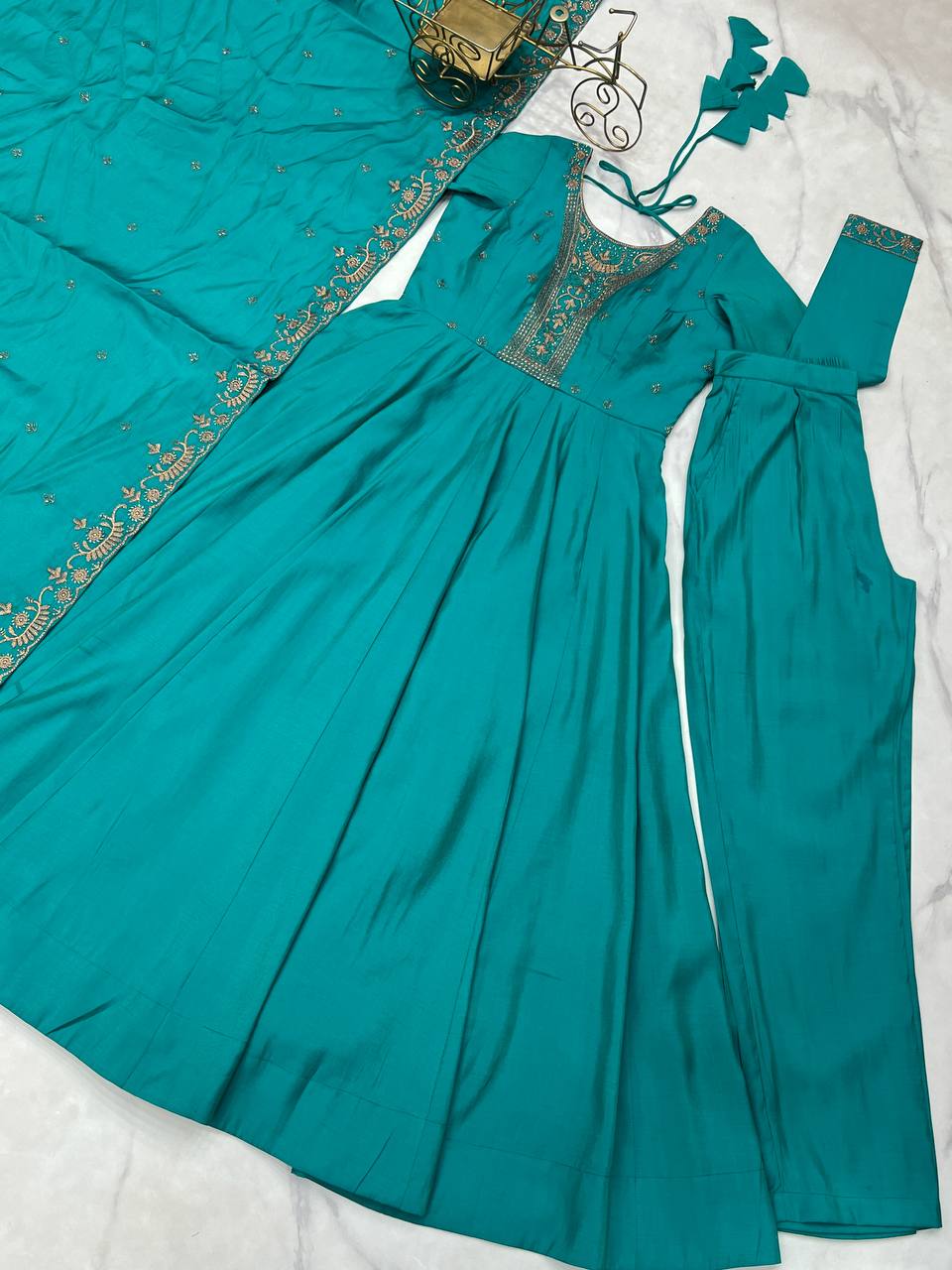 Designer Pure Roman Shimmer Chanderi Silk Anarkali Suit