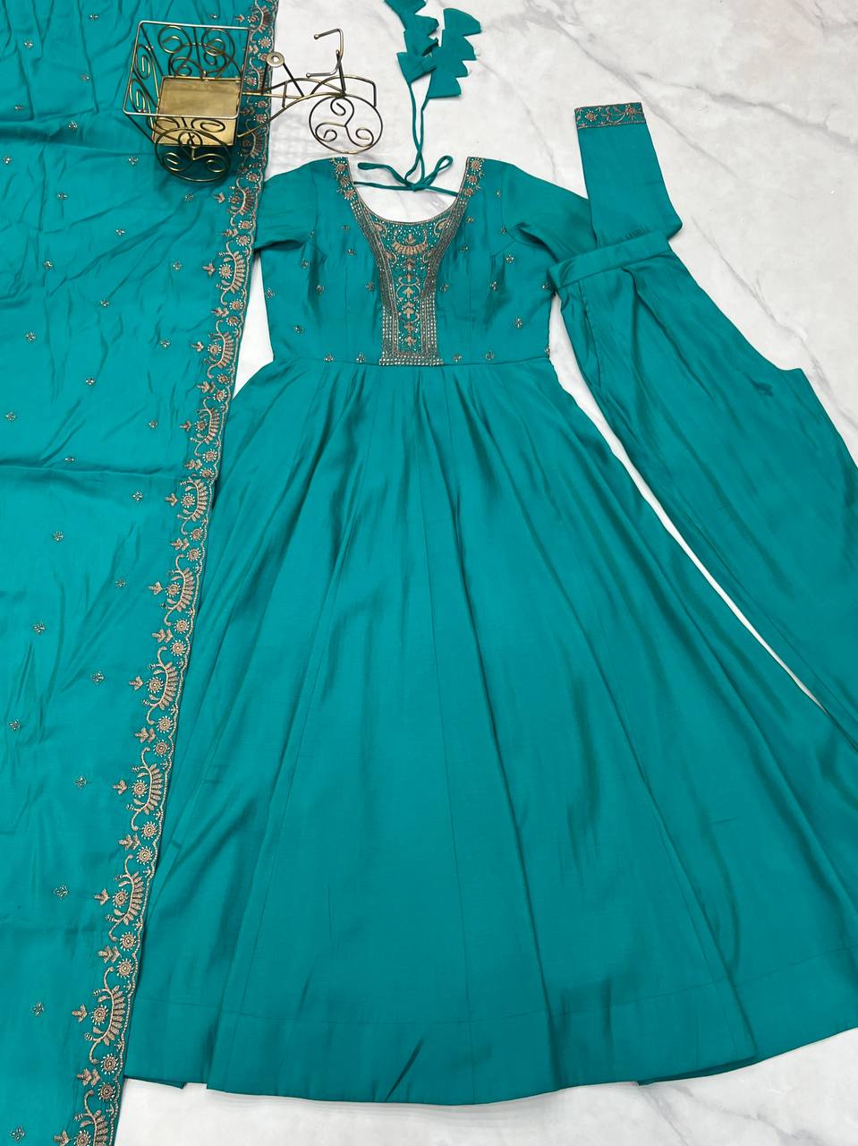 Designer Pure Roman Shimmer Chanderi Silk Anarkali Suit