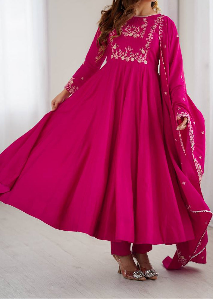 Party Wear Pure Roman Chanderi Silk saree Anarkali Set