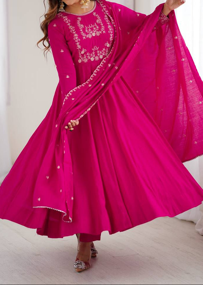 Party Wear Pure Roman Chanderi Silk saree Anarkali Set