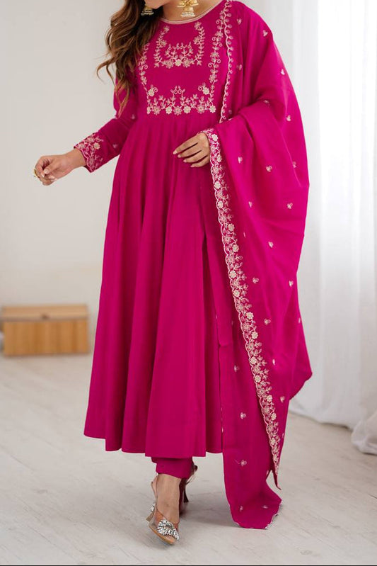 Party Wear Pure Roman Chanderi Silk saree Anarkali Set