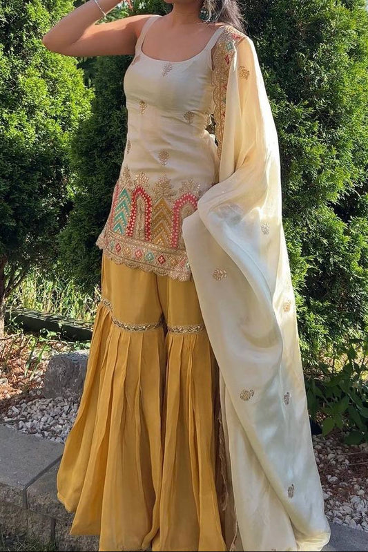 Designer Chinon Silk Thread & Sequence Work Sharara Suit Set