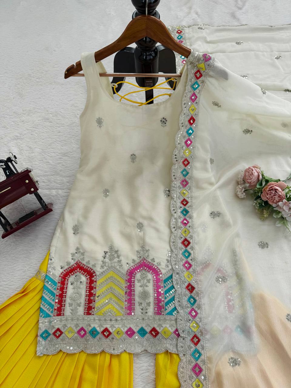 Designer Chinon Silk Thread & Sequence Work Sharara Suit Set