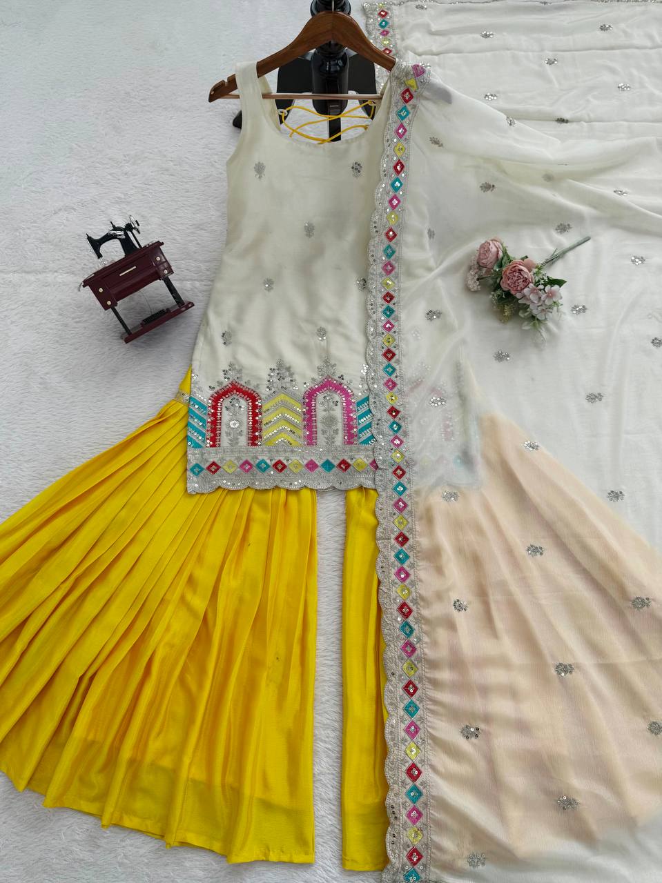 Designer Chinon Silk Thread & Sequence Work Sharara Suit Set