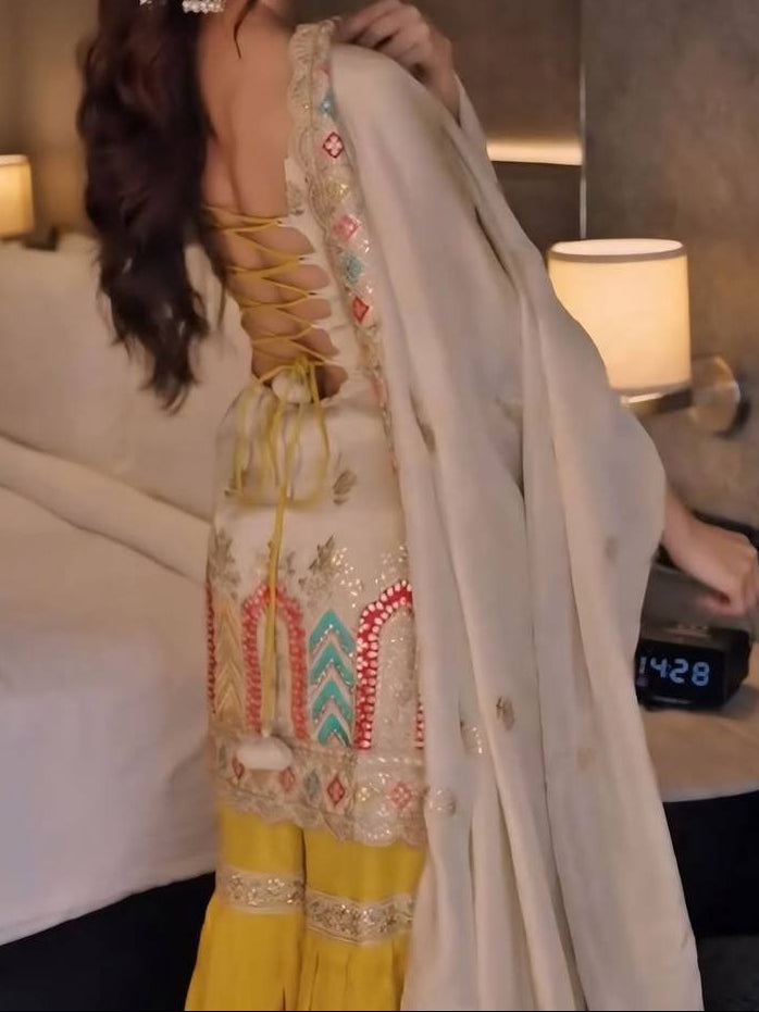 Designer Chinon Silk Thread & Sequence Work Sharara Suit Set