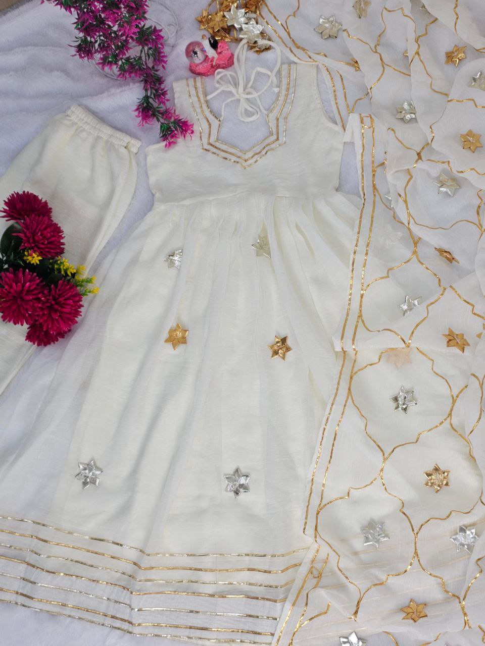 Soft Crunchy Chiffon Handmade Gottapatti Anarkali Palazzo set