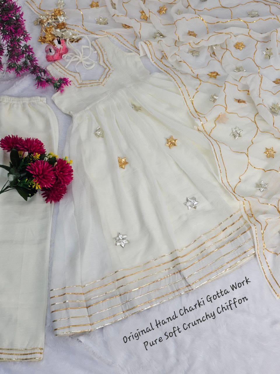 Soft Crunchy Chiffon Handmade Gottapatti Anarkali Palazzo set