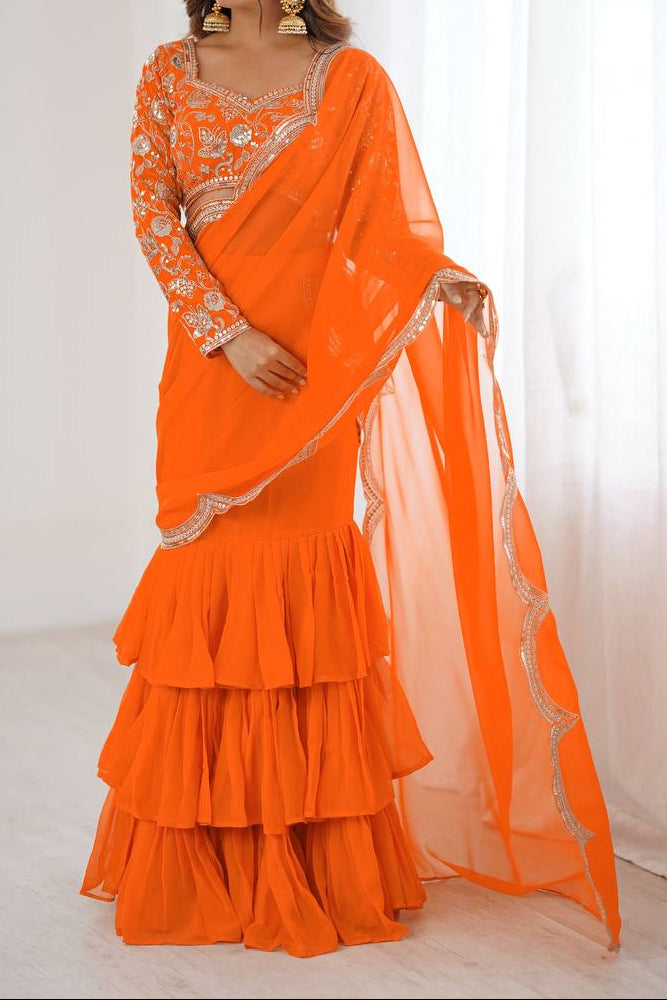 Viral Elegant Thread & Sequence Embroidery Ruffle Style Saree