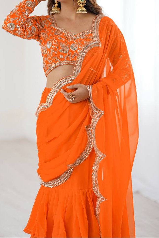 Viral Elegant Thread & Sequence Embroidery Ruffle Style Saree