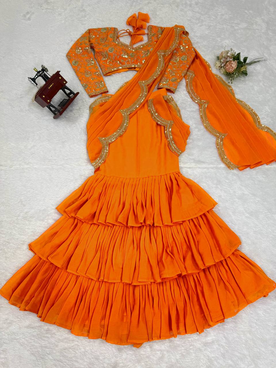 Viral Elegant Thread & Sequence Embroidery Ruffle Style Saree