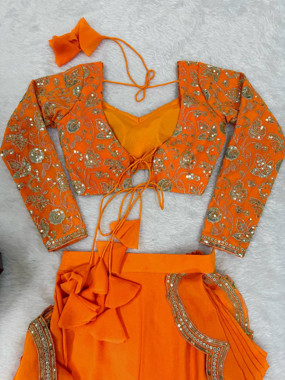 Viral Elegant Thread & Sequence Embroidery Ruffle Style Saree