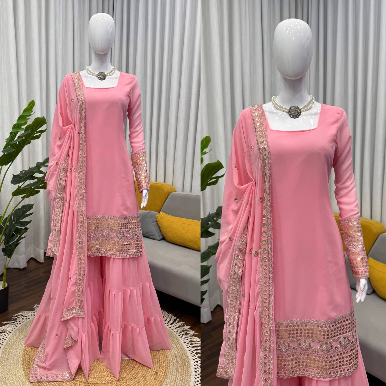 Designer Thread & Sequence Work Ruffle Style Sharara Suit Set