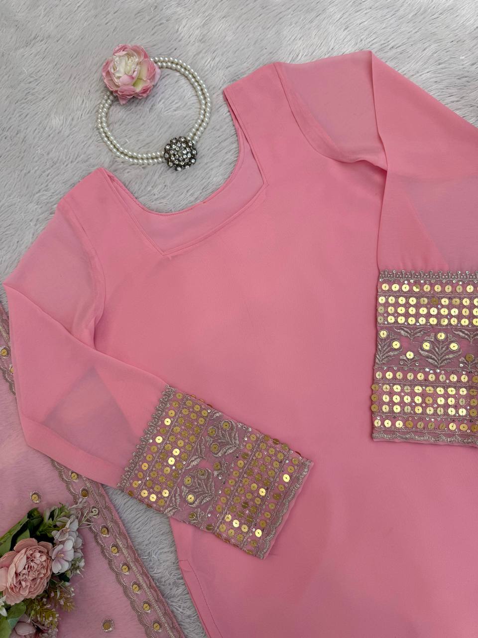 Designer Thread & Sequence Work Ruffle Style Sharara Suit Set