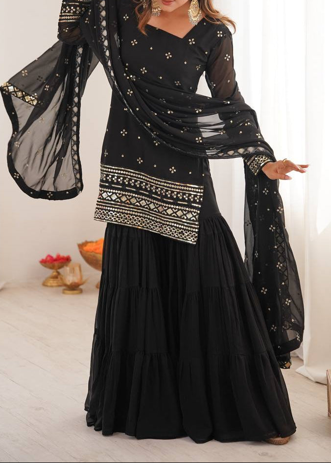 Pure Heavy Georgette Embroidery Sequence Work Top Sharara With Dupatta