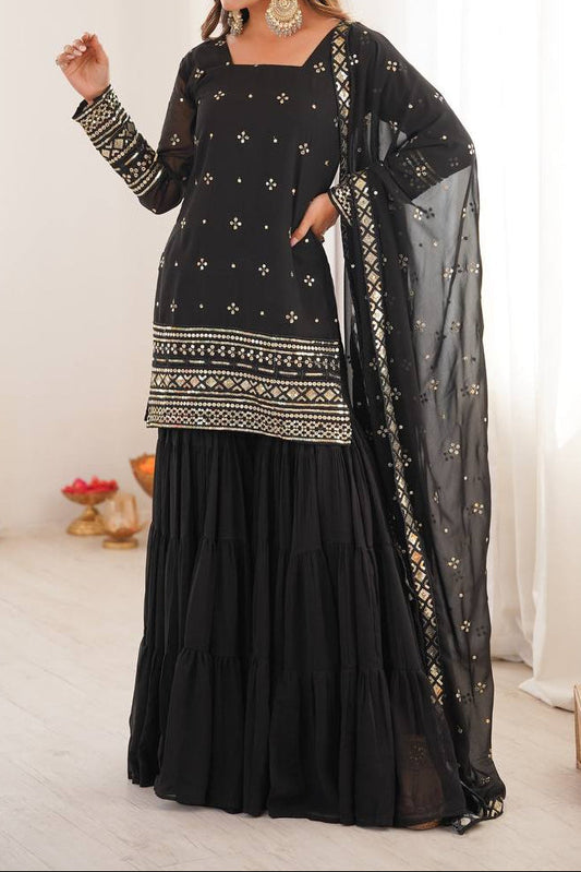 Pure Heavy Georgette Embroidery Sequence Work Top Sharara With Dupatta