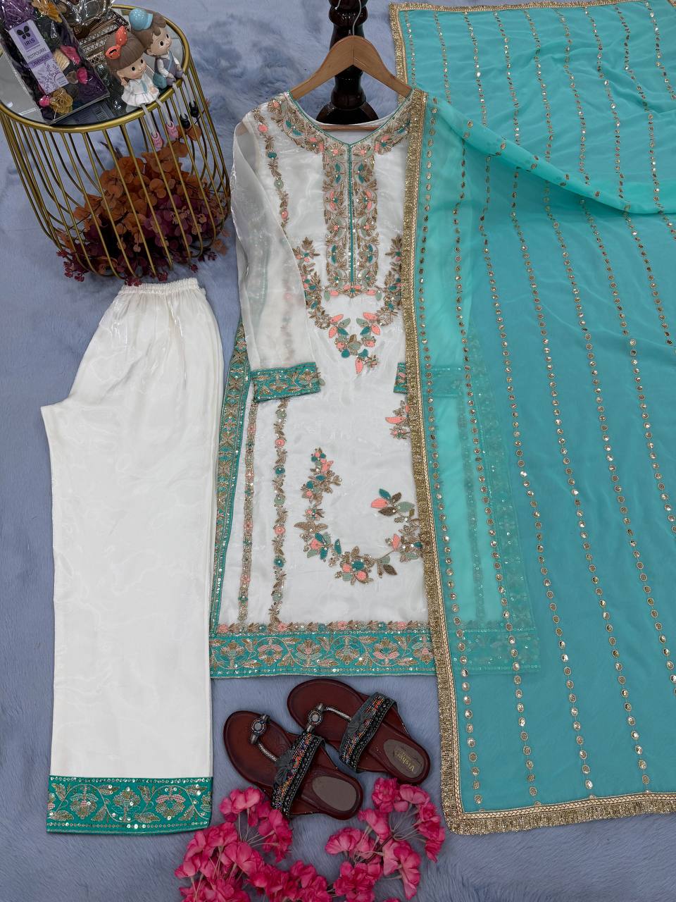 Launching New Designer Party Wear Look Pure Gmy Silk Top Palazzo & Dupatta Set