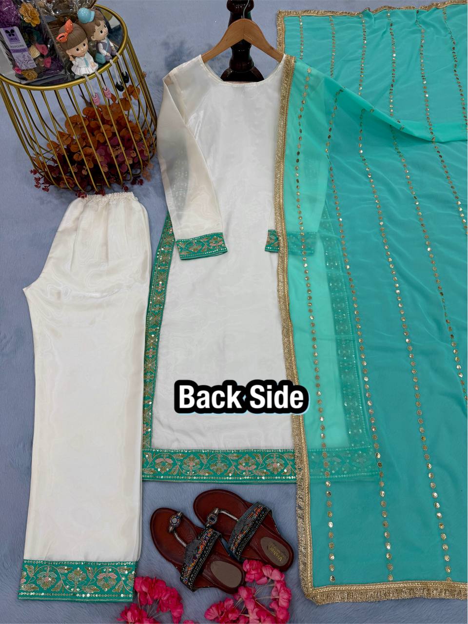 Launching New Designer Party Wear Look Pure Gmy Silk Top Palazzo & Dupatta Set