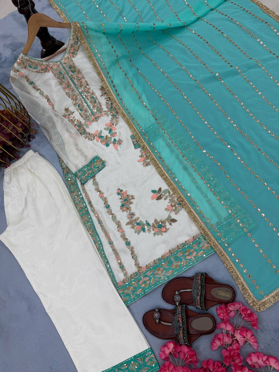 Launching New Designer Party Wear Look Pure Gmy Silk Top Palazzo & Dupatta Set