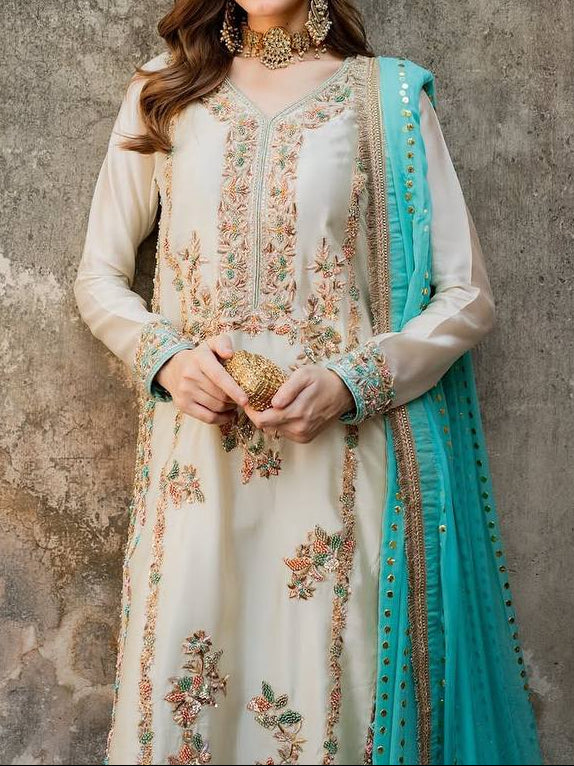 Launching New Designer Party Wear Look Pure Gmy Silk Top Palazzo & Dupatta Set