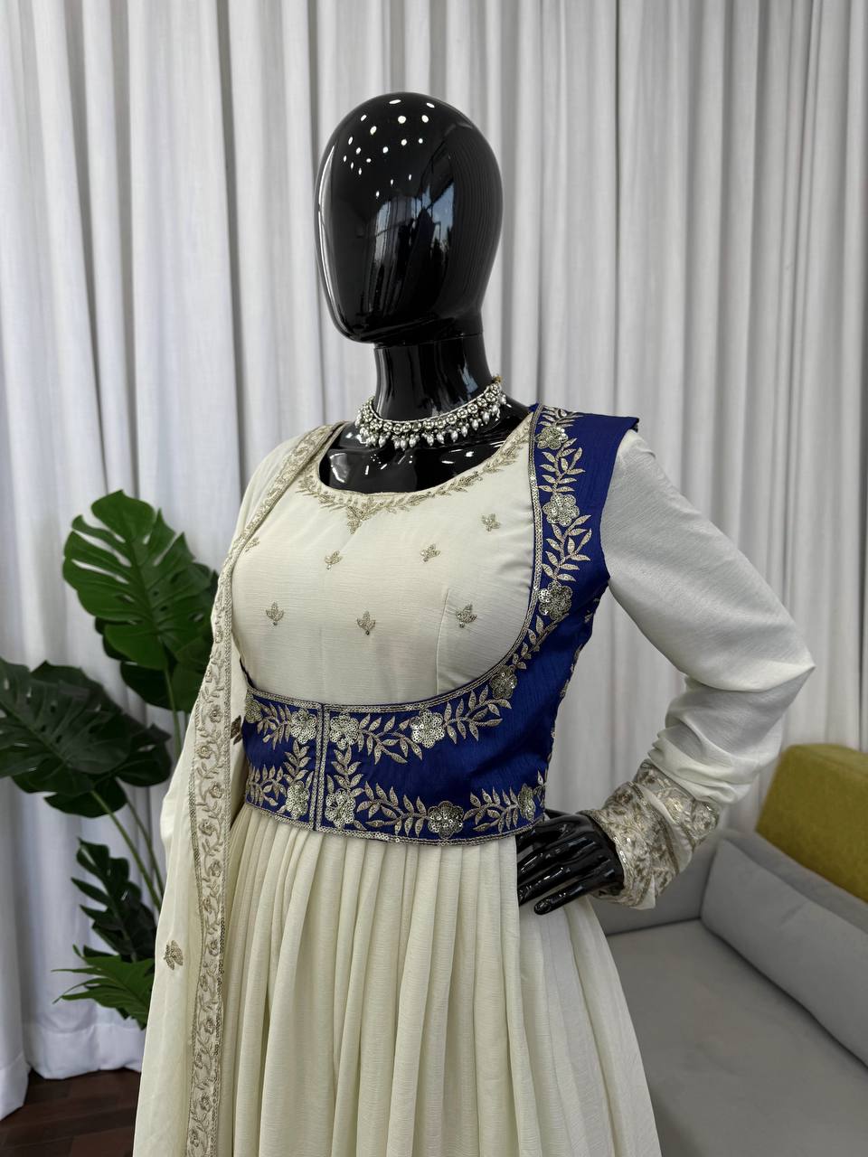 Chinon Silk Thread & Sequence Work Anarkali Set With Koti