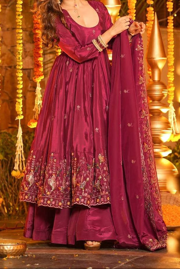 Natural Crep Silk Thread & Sequence Work Anarkali With Plazzo Set