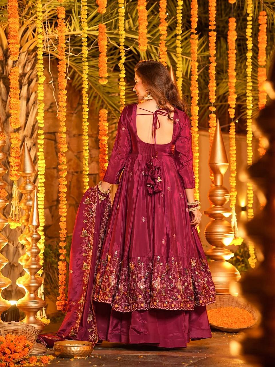 Natural Crep Silk Thread & Sequence Work Anarkali With Plazzo Set