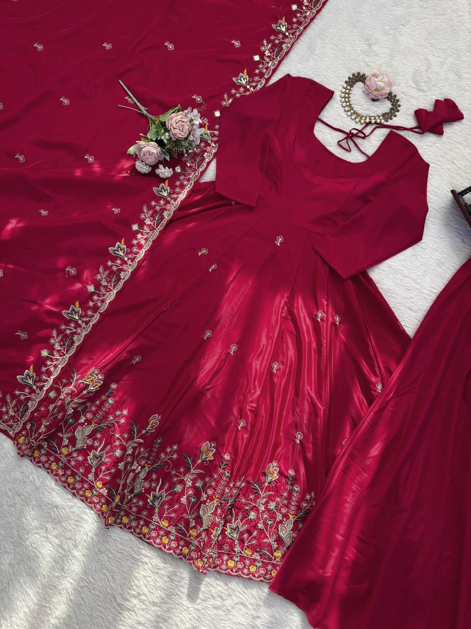 Natural Crep Silk Thread & Sequence Work Anarkali With Plazzo Set