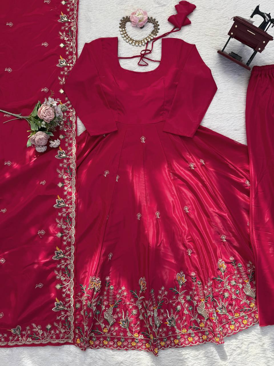 Natural Crep Silk Thread & Sequence Work Anarkali With Plazzo Set
