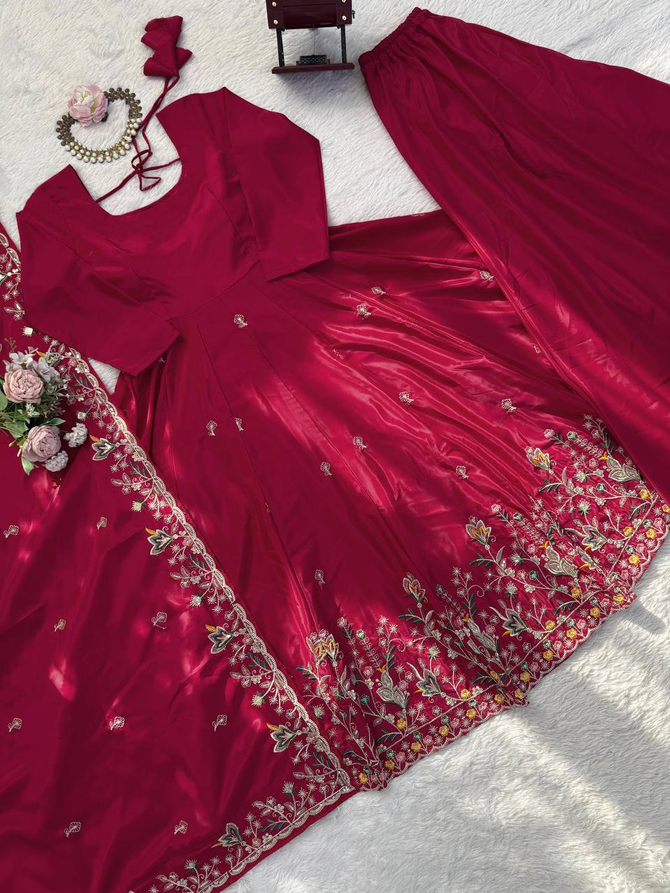 Natural Crep Silk Thread & Sequence Work Anarkali With Plazzo Set