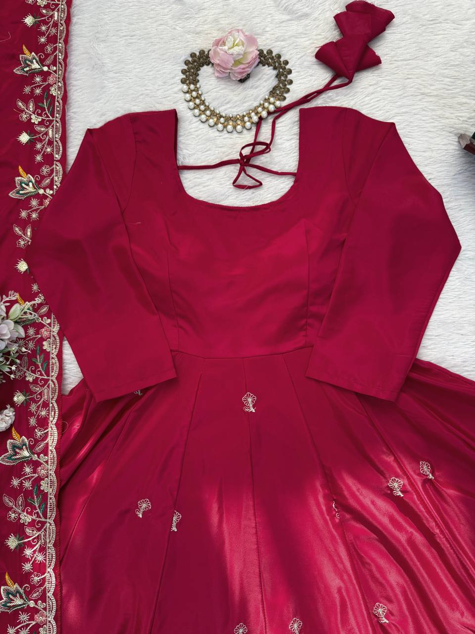 Natural Crep Silk Thread & Sequence Work Anarkali With Plazzo Set