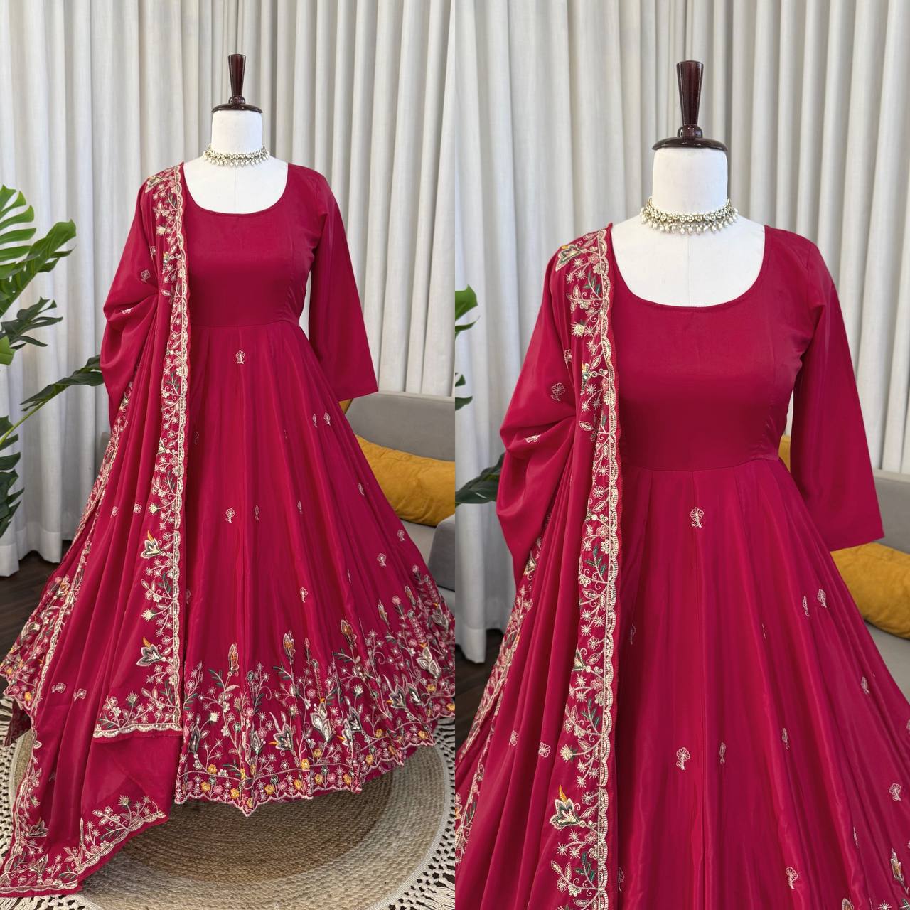 Natural Crep Silk Thread & Sequence Work Anarkali With Plazzo Set