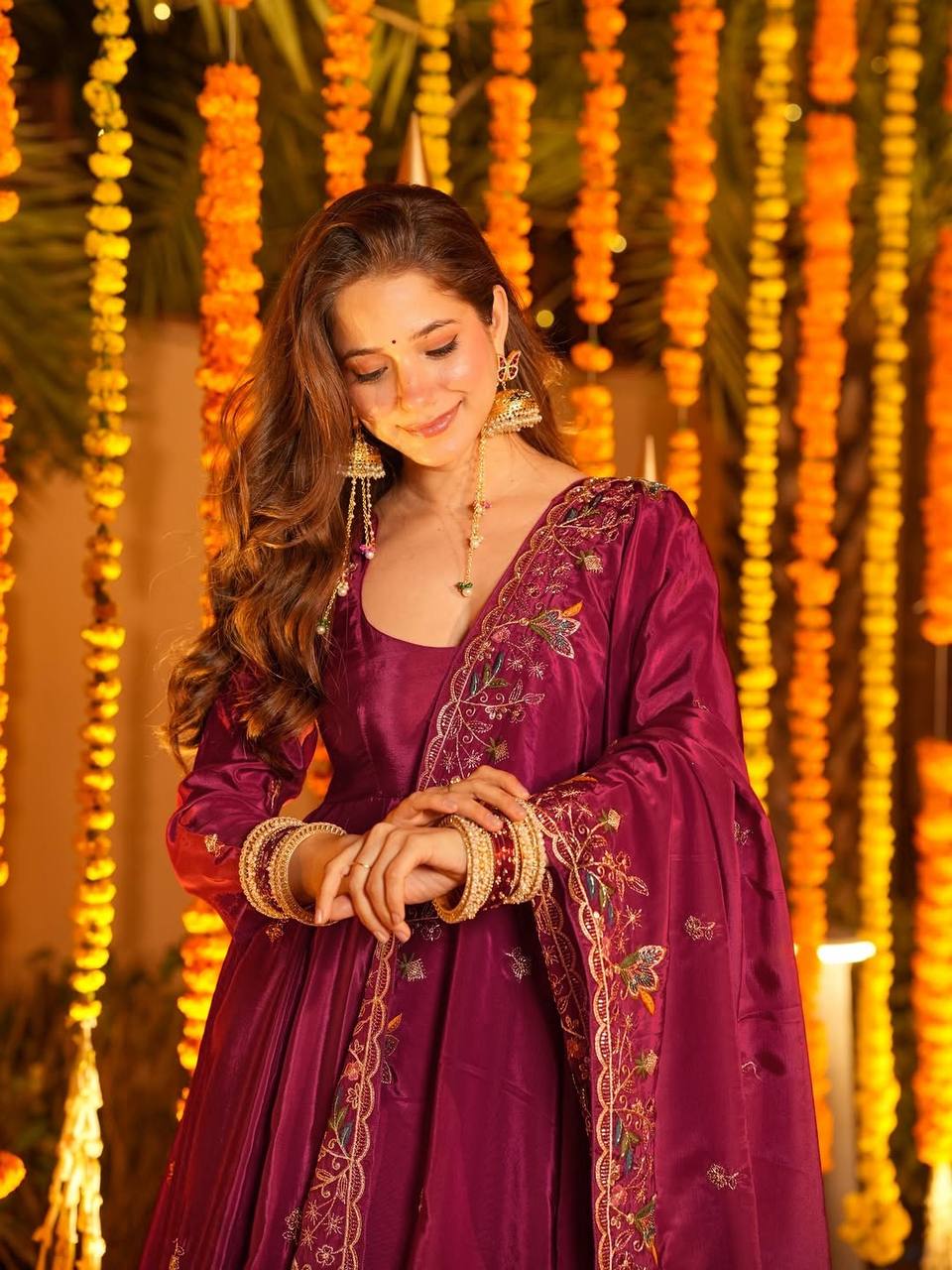 Natural Crep Silk Thread & Sequence Work Anarkali With Plazzo Set