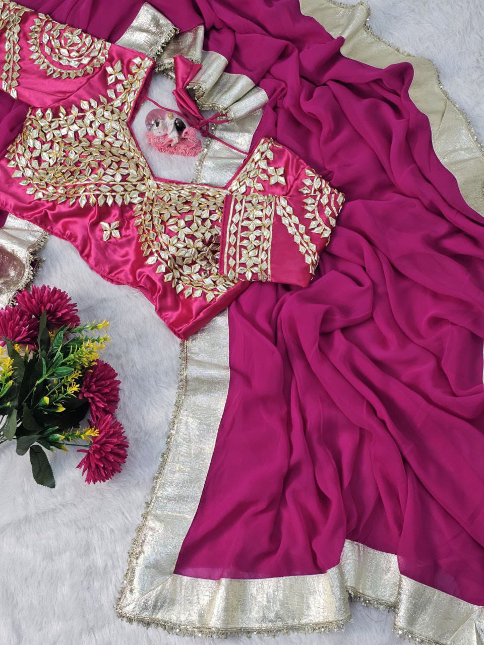 Original Hand Charkhi Gotta Patti Work Fully Stitched Trending 🔥 Aangi Blouse Saree