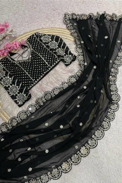 Wedding Special Original Mirror Work Saree With Stitched Blouse