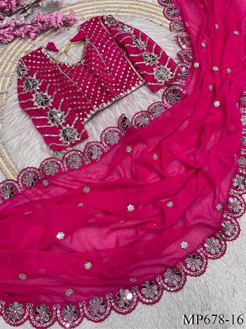 Wedding Special Original Mirror Work Saree With Stitched Blouse