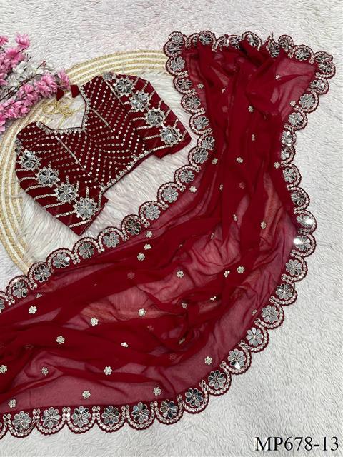 Wedding Special Original Mirror Work Saree With Stitched Blouse