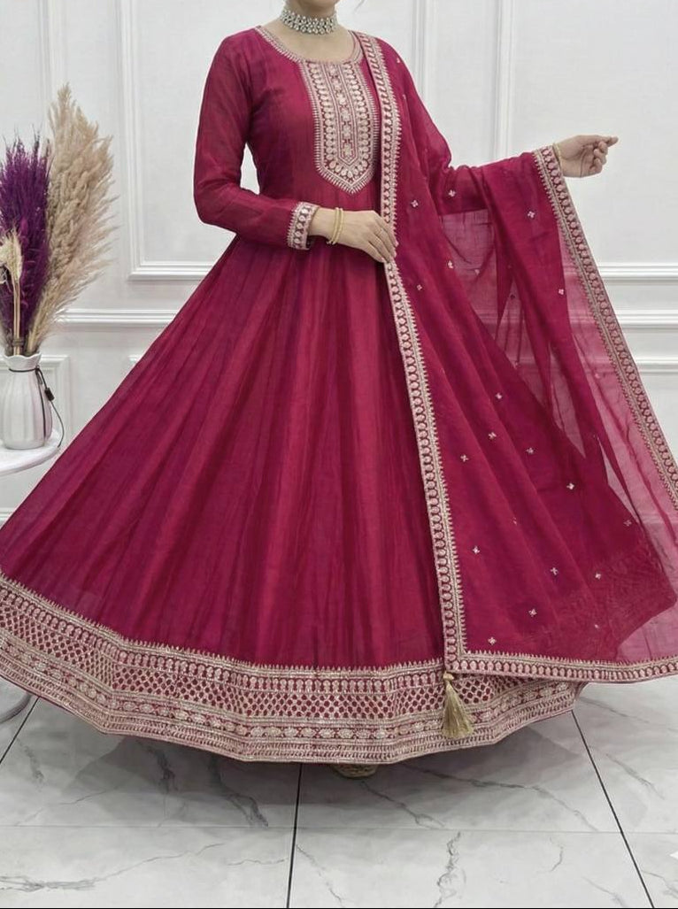 Premium Quality Vichitra Silk Anarkali Suit Set With Dupatta