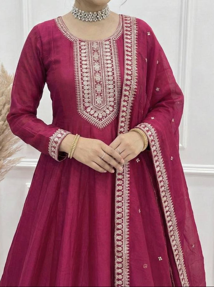 Premium Quality Vichitra Silk Anarkali Suit Set With Dupatta