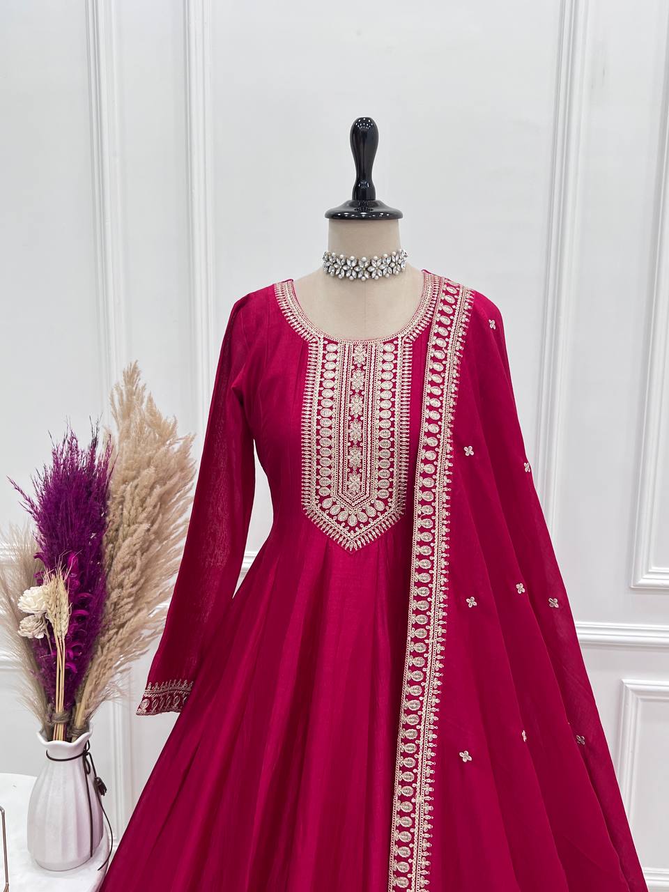Premium Quality Vichitra Silk Anarkali Suit Set With Dupatta