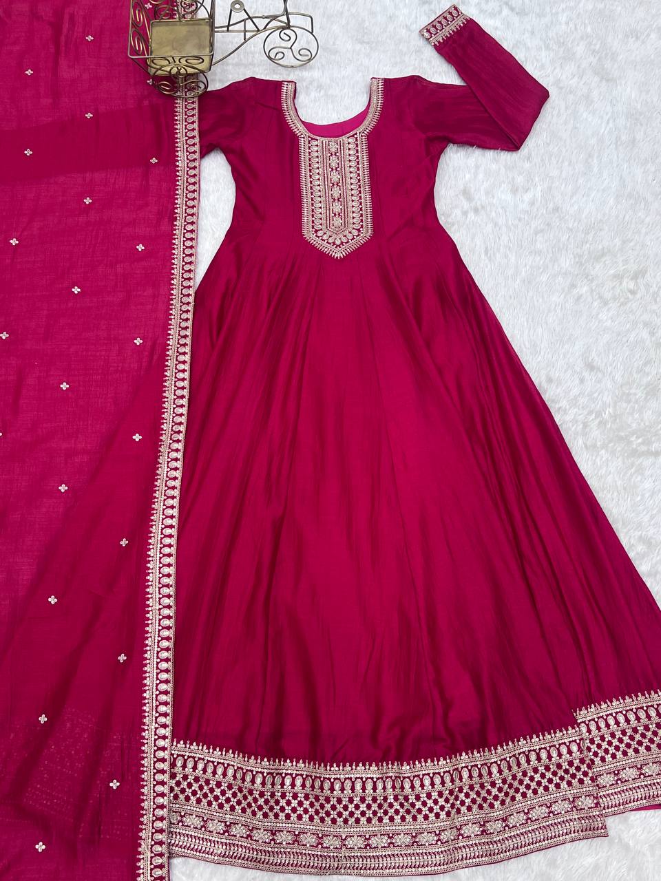 Premium Quality Vichitra Silk Anarkali Suit Set With Dupatta