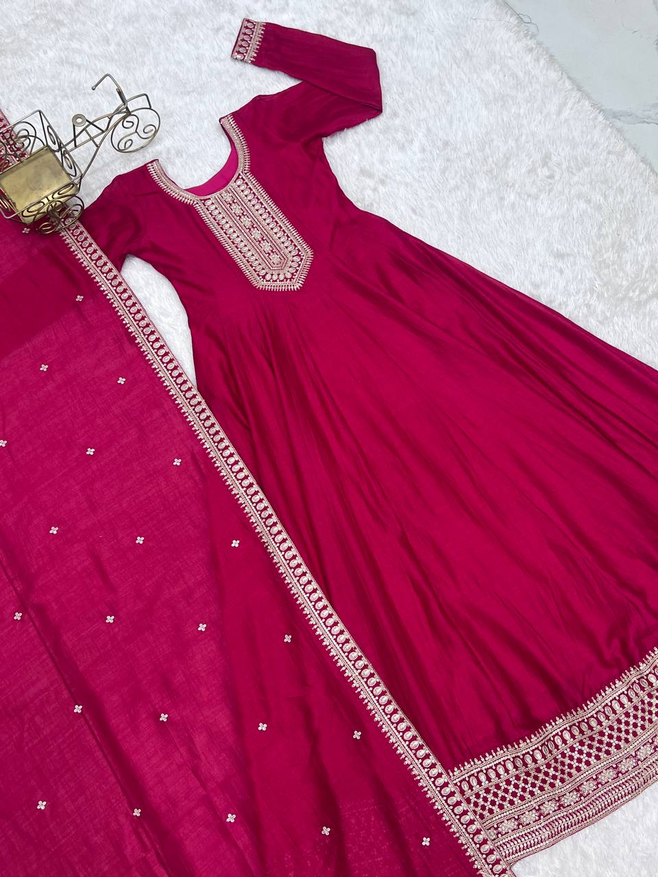 Premium Quality Vichitra Silk Anarkali Suit Set With Dupatta